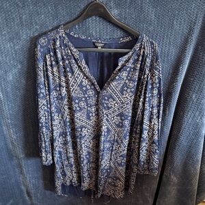 Lucky Brand Navy and Cream Patterned Blouse